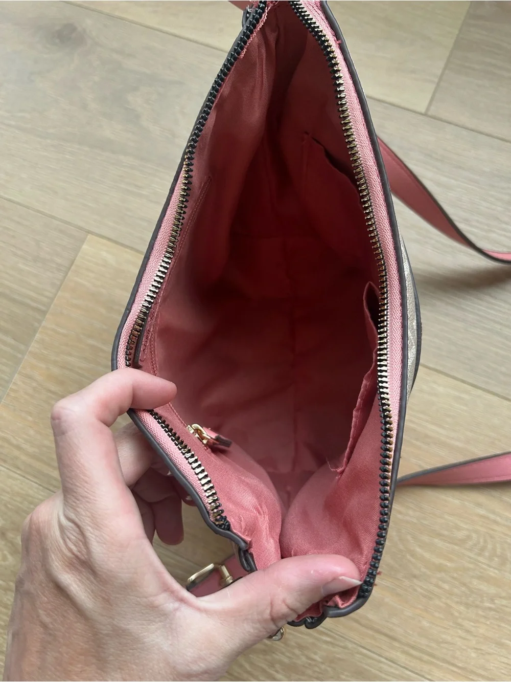 Adrienne Vittadini Monogram Crossbody Bag Pink Trim